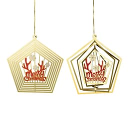 Two gold 3D rotating ornaments in a pentagon shape, featuring red "Merry Christmas" text and decorative elements.