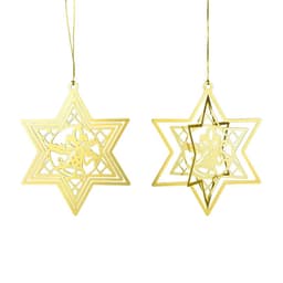 Two custom gold 3D rotation ornaments shaped like stars, featuring intricate cut-out designs, each suspended by a thin string.