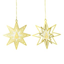 Two gold 3D star ornaments with intricate designs, suspended by yellow strings.