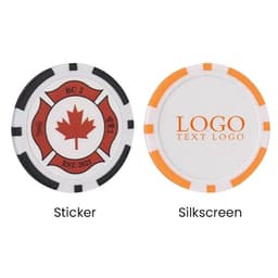 Two round golf ball markers in black, white, and orange, featuring a logo and a design with a maple leaf.