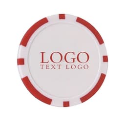 A round ball marker in white with red stripes, featuring a logo design in the centre.
