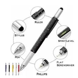 A black multi-tool pen featuring a ruler, stylus, spirit level, pen, flat screwdriver, and Phillips screwdriver.