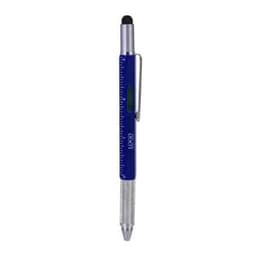 A blue six-in-one tech tool screwdriver pen featuring a ruler and a stylus, with a silver barrel and clip.