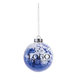 A blue and white shatter-resistant ornament featuring confetti and a logo, hanging from a silver thread.