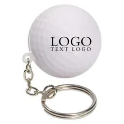 A white golf ball stress ball keychain with a silver keyring attached and a logo printed on it.