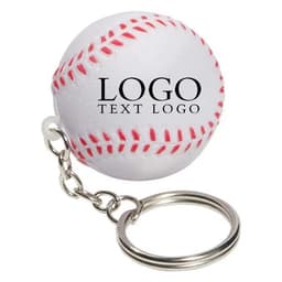 A white stress ball shaped like a baseball with red stitching, attached to a metal keychain and featuring a logo.