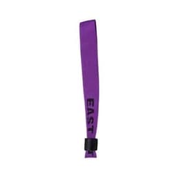A purple custom woven event wristband with a black clasp and a logo.
