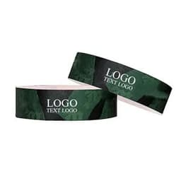 Two green Tyvek paper bracelets with a logo design. The bands feature a camouflage pattern.