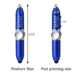 A blue fidget spinner pen featuring an LED light and a logo, with measurements displayed beside it.