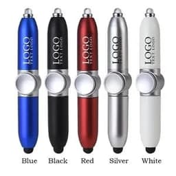 A collection of five fidget spinner pens in blue, black, red, silver, and white, each featuring a logo.