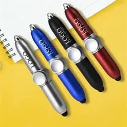 A set of fidget spinner pens in silver, blue, black, and red colours, featuring a logo on each pen.