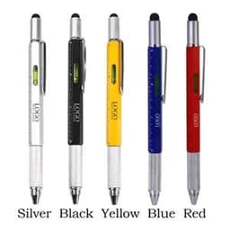 A set of five promotional 6 in 1 tech tool screwdriver pens in silver, black, yellow, blue, and red, featuring a logo.