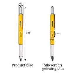 A yellow 6-in-1 tech tool screwdriver pen with a white tip and silkscreen printing area, featuring an integrated ruler.