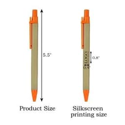 Promotional eco-friendly paper ballpoint pens with an orange clip and tip, measuring 5.5 inches in length.
