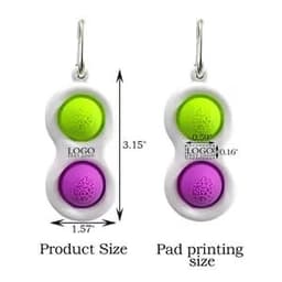A set of push pop bubble fidget toy keychains in green, purple, and white, featuring a logo.