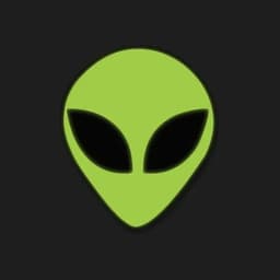 A green alien face with large black eyes on a dark background. The design has a cartoonish style.