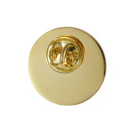 A round, shiny gold die struck name badge with a pin fastening on the back.