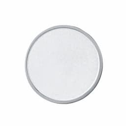 A silver die struck name badge with a smooth, round surface and a polished edge.