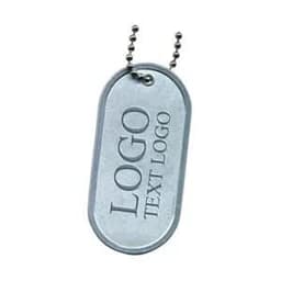 A silver die struck dog tag with a ball chain and an engraved logo.