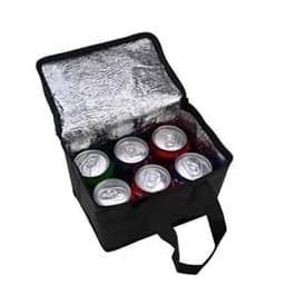 A black portable lunch cool bag with a silver lining, filled with several cans of drinks.