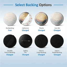 A selection of backing options for patches, featuring various finishes including adhesive, plastic, and Velcro.
