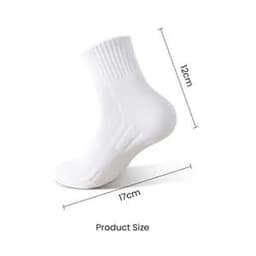 A pair of white quarter cushioned sports socks with non-slip features, displayed at an angle to show size dimensions.