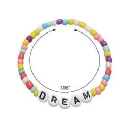A beaded elastic bracelet featuring colourful acrylic letters spelling "DREAM" and various pastel beads.