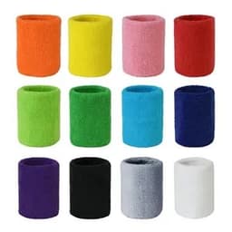 Terry sweatband wristbands in various colours including orange, yellow, pink, green, blue, purple, black, grey, and white, with logos.