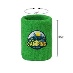 A bright green terry sweatband wristband featuring a woven logo. Dimensions are 3.14 inches in height and width.