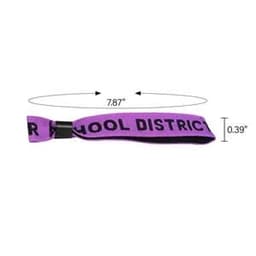 A purple woven wristband with a black buckle, measuring approximately 7.87 inches in length and 0.39 inches in width.