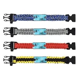 Four custom paracord survival bracelets in blue, grey, red, and yellow, each featuring a clasp and a logo.