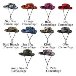 A collection of tactical camouflage bucket hats in various colours, including sky blue, orange, rose, and army green. Each has a logo.