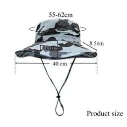 A tactical camouflage bucket hat in grey and black, featuring a large brim and an adjustable chin strap.