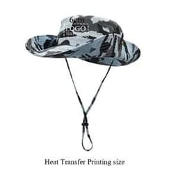 A tactical camouflage bucket hat features a large brim, adjustable chin strap, and has a logo. Available in shades of grey and black.