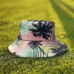 A full-print digital bucket hat featuring a tropical design with pink and blue hues, set on green grass.