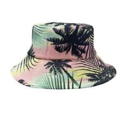 A full-print digital bucket hat featuring a pastel background with tropical palm leaf patterns in green and black.