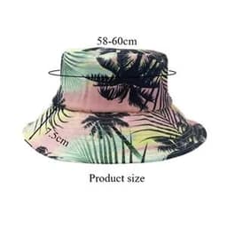 A full-print digital bucket hat featuring a tropical palm leaf design in shades of pink and green.
