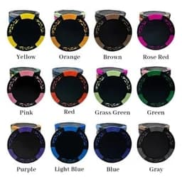 A set of clay poker chips in various colours including yellow, orange, brown, rose red, pink, red, grass green, green, purple, light blue, blue, and grey, with a decorative rim and branding.