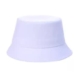 A white bucket hat featuring a wide brim, with a logo on the side.
