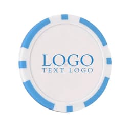 A round chip featuring a white surface with blue stripes and a logo design in the centre.