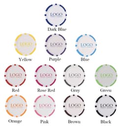 A collection of circular chips in various colours including dark blue, yellow, purple, and green, each featuring a logo.