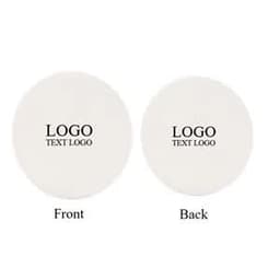 A set of custom poker chips in white featuring a logo on both the front and back sides.