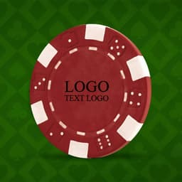 A red poker chip with white accents and a logo on a green background featuring playing card symbols.
