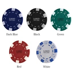 A set of plastic poker chips in dark blue, black, green, red, and white, each featuring a logo.