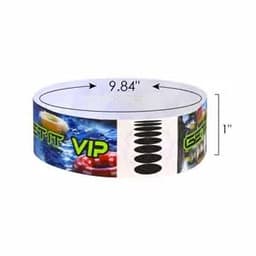 A white Tyvek paper bracelet featuring vibrant graphics and a branded logo, measuring approximately 9.84 inches long and 1 inch wide.