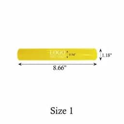A bright yellow PVC slap bracelet with reflective properties, measuring 8.66 inches long and 0.9 inches wide.