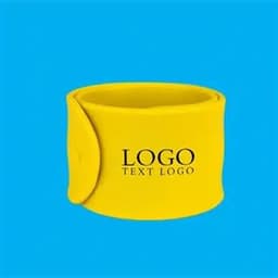 A yellow silicone slap bracelet with a logo displayed on its surface against a blue background.