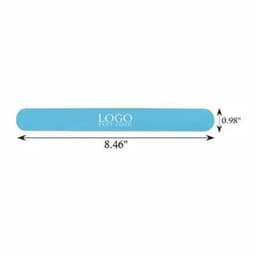 A blue silkscreen silicone slap bracelet with a logo, measuring 8.46 inches by 0.98 inches.