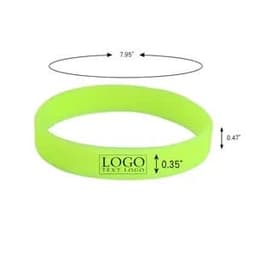 A bright green glow in the dark silicone bracelet featuring a logo, with measurements indicated above.