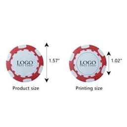 A custom plastic poker chip in red and white, showing product and printing size features, along with a logo.